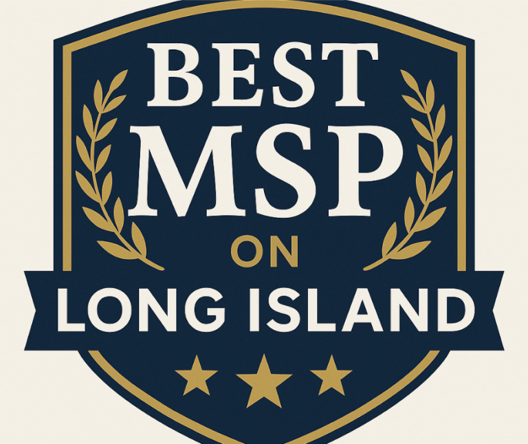 A shield-shaped emblem with gold laurel branches and stars reads "Best MSP on Long Island" in bold white and gold letters.